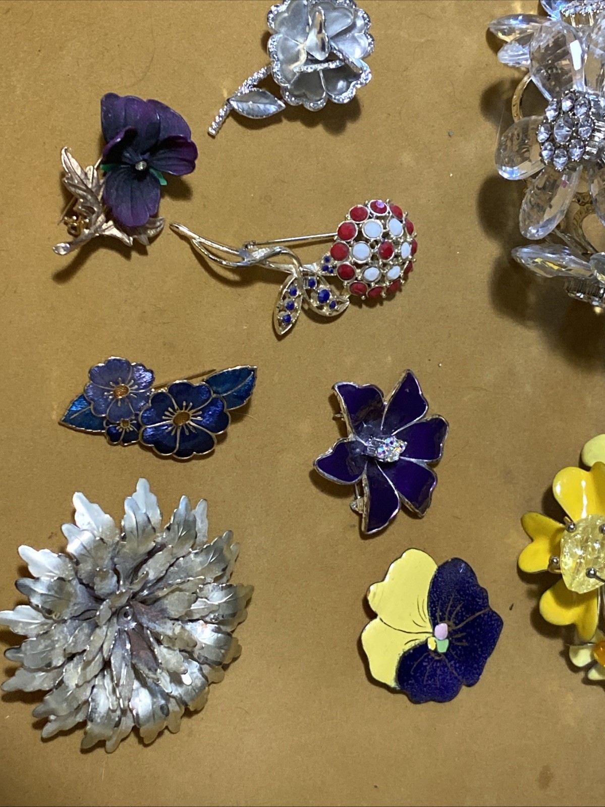 VTG Chunky Flower Cuff Bracelets (2) Metal Enamel Ceramic Flower Brooches Lot