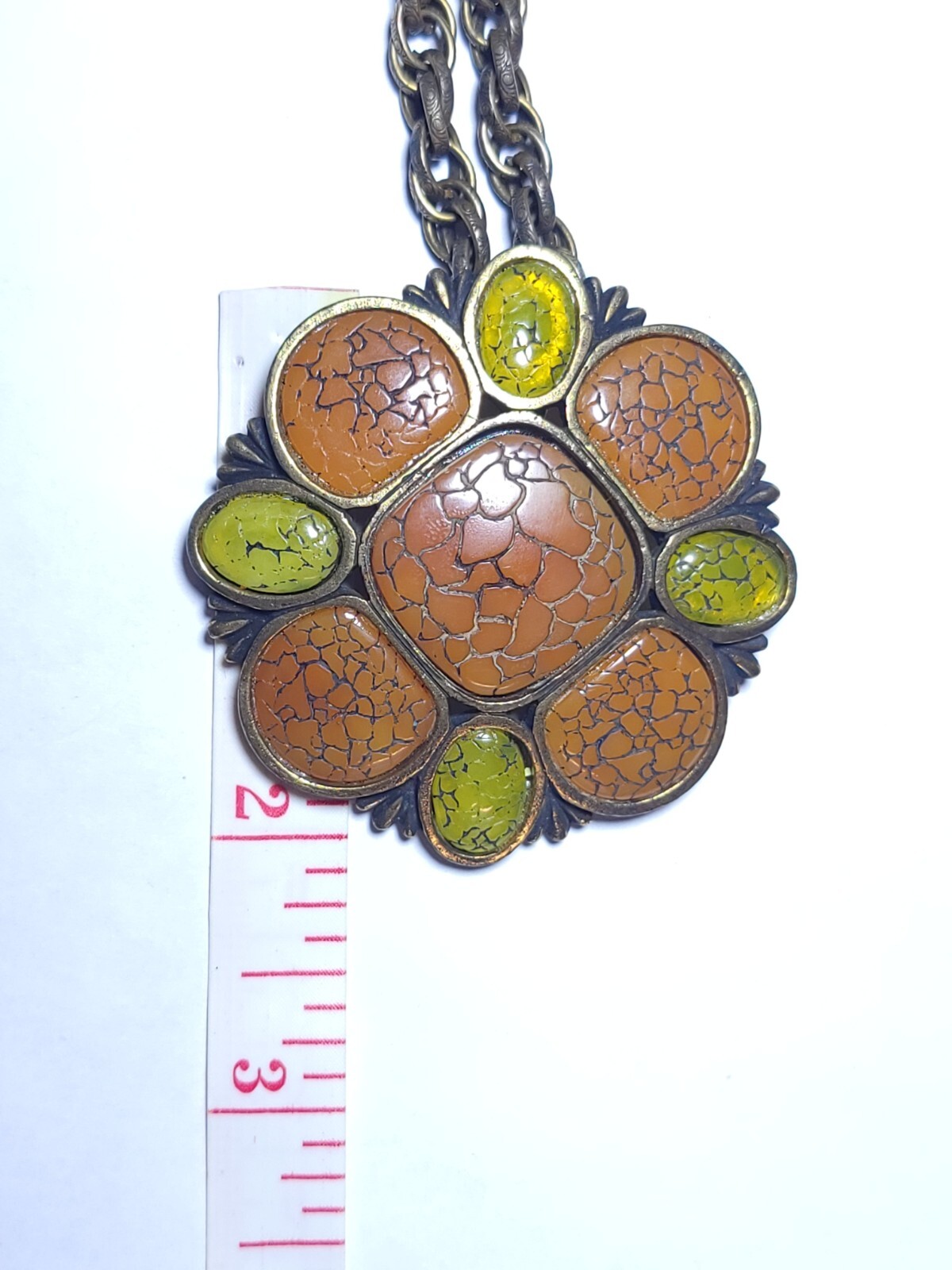 Hobé Vintage Necklace Orange Lime Green Thermoplastic Amulet Pendant 16″ Chain