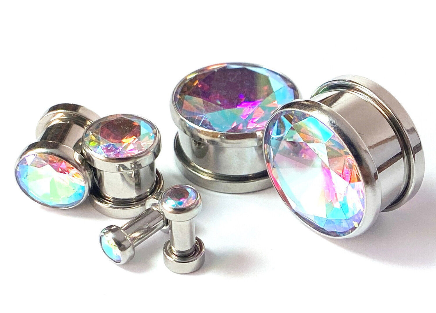 PAIR Large Aurora Borealis Gem Screw Fit Tunnel Plug Gauge Body Jewelry Piercing