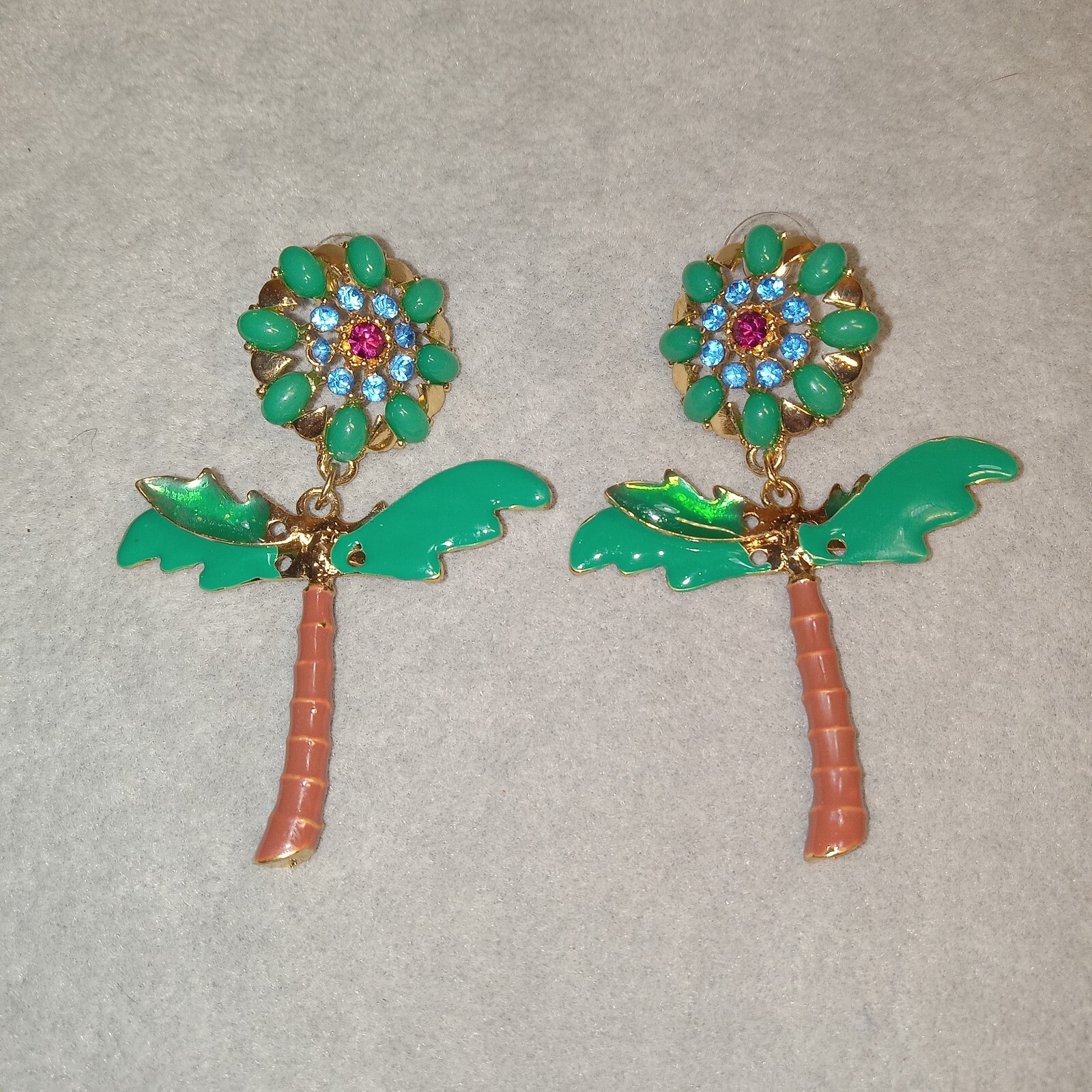 Palm Tree Flowe Jewelry Stateme Earrings Rhinestone Enamel Unique Rare Tropical