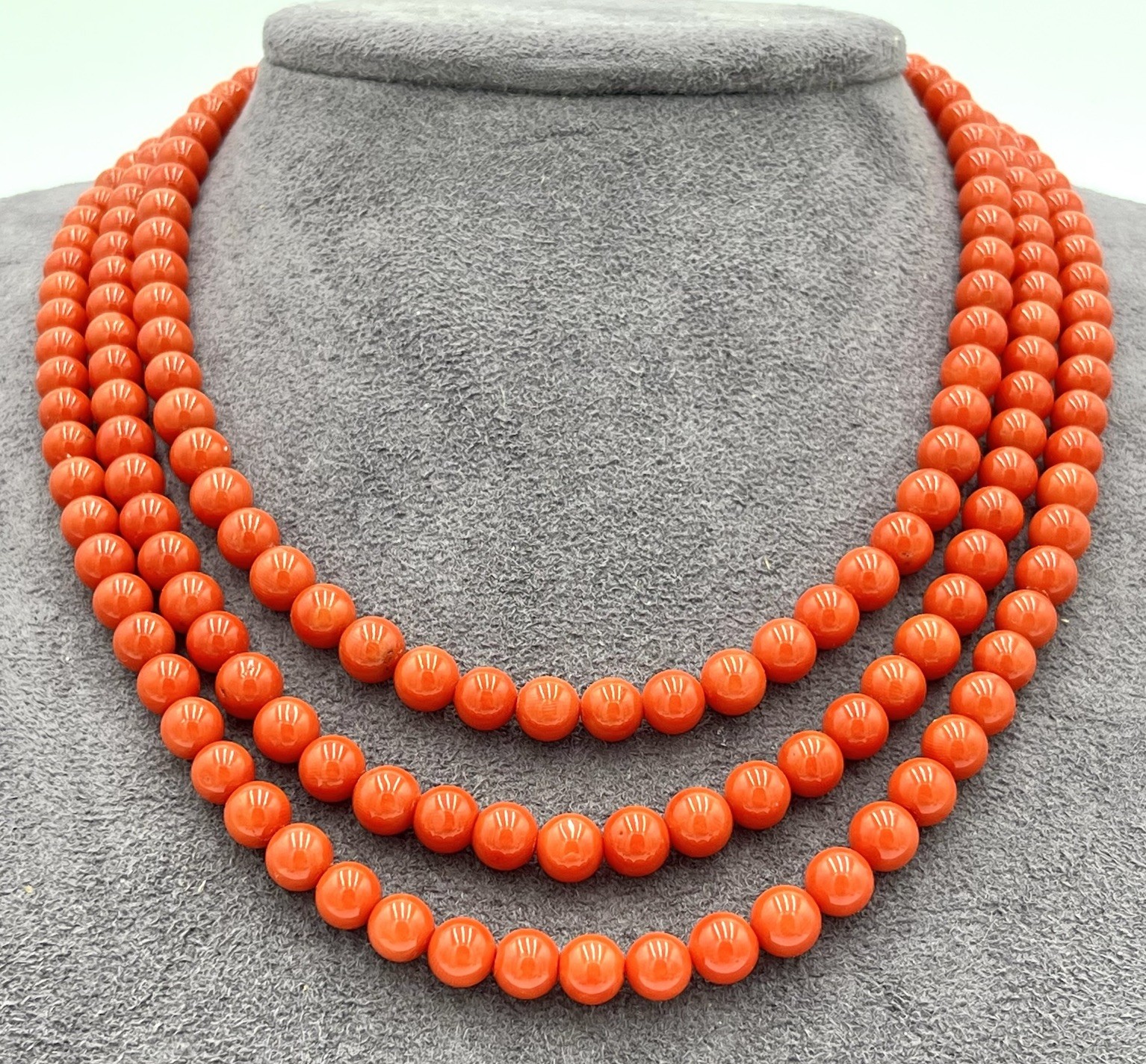Natural Mediterranean Red Coral 3 Strand Necklace 7mm 18Kt Gold Made in Italy