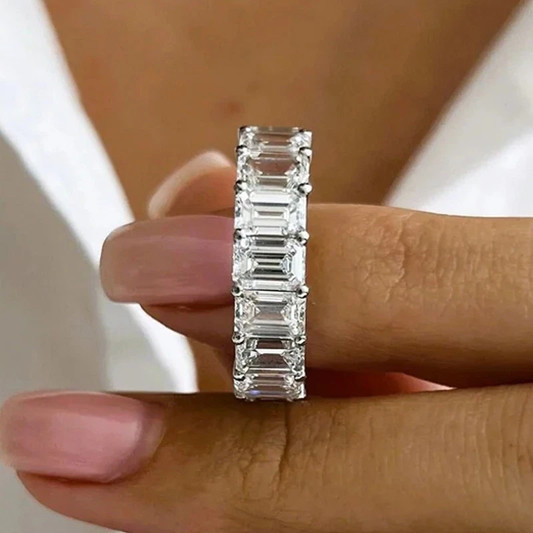 4.50Ctw Emerald Moissanite Full Eternity Wedding Band In 14k White Gold Plated