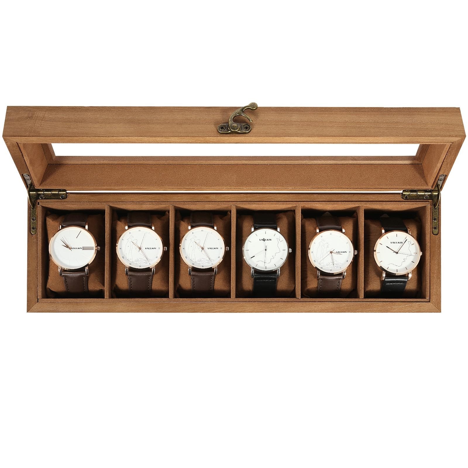 6 Slot Solid Wood Watch Box Display Case with Glass Lid & Soft Pillows – Jewelry