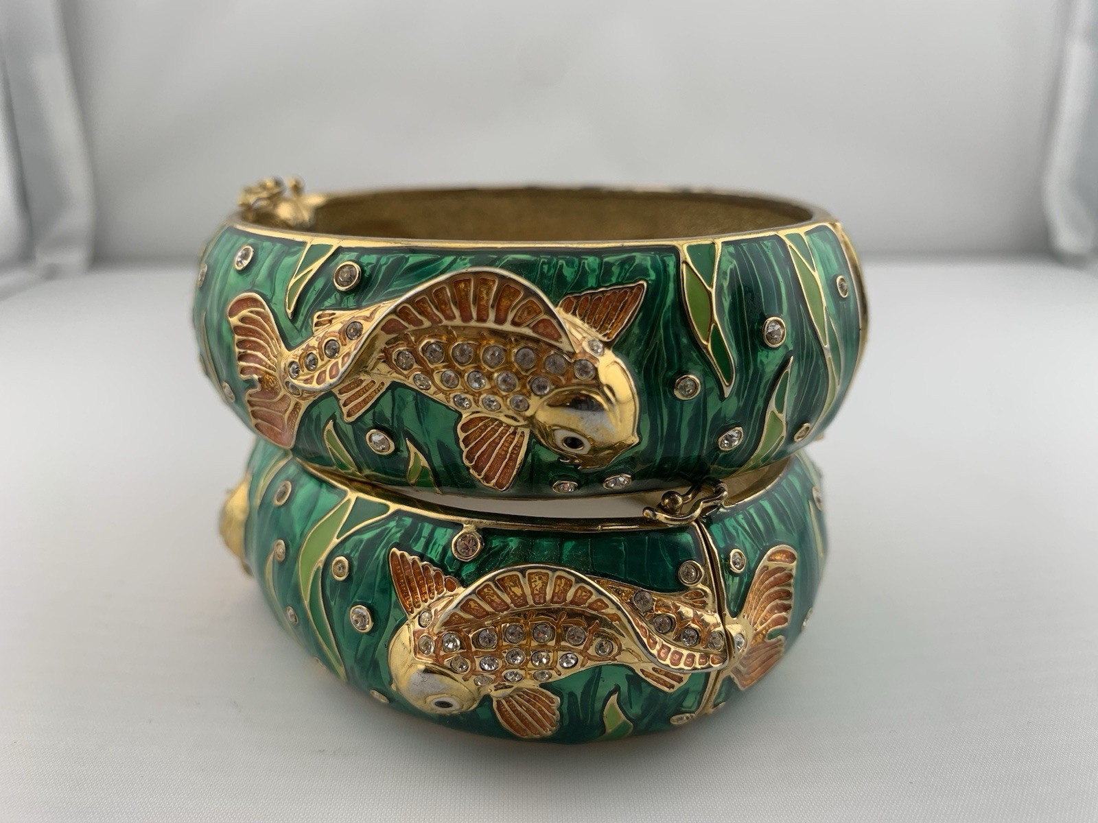 Vintage Koi Fish Enamel Hinged Bangle Bracelet Green Gold Tone Rhinestone Cuff