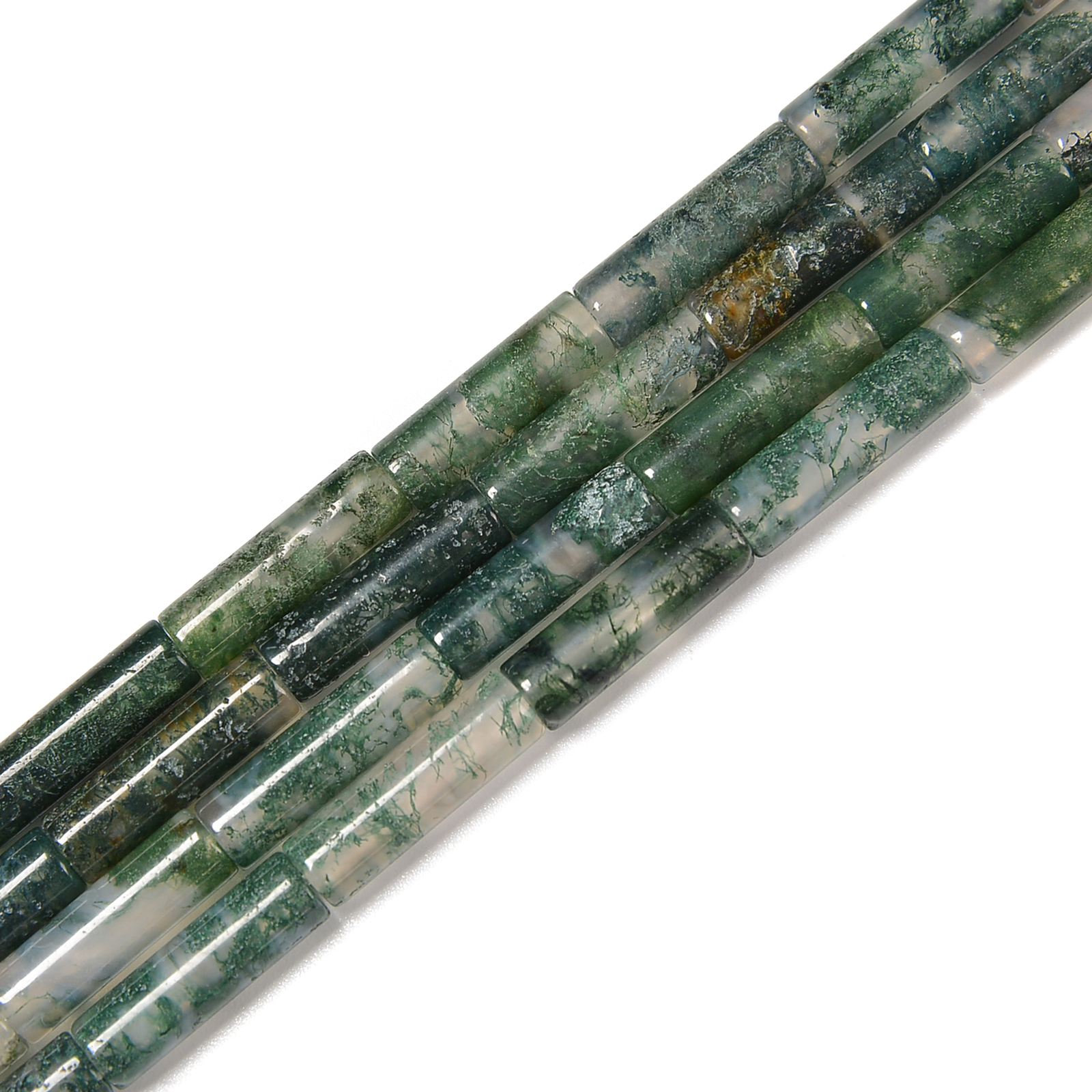Natural Moss Agate Cylinder Tube Beads Size 4x13mm 15.5” Strand