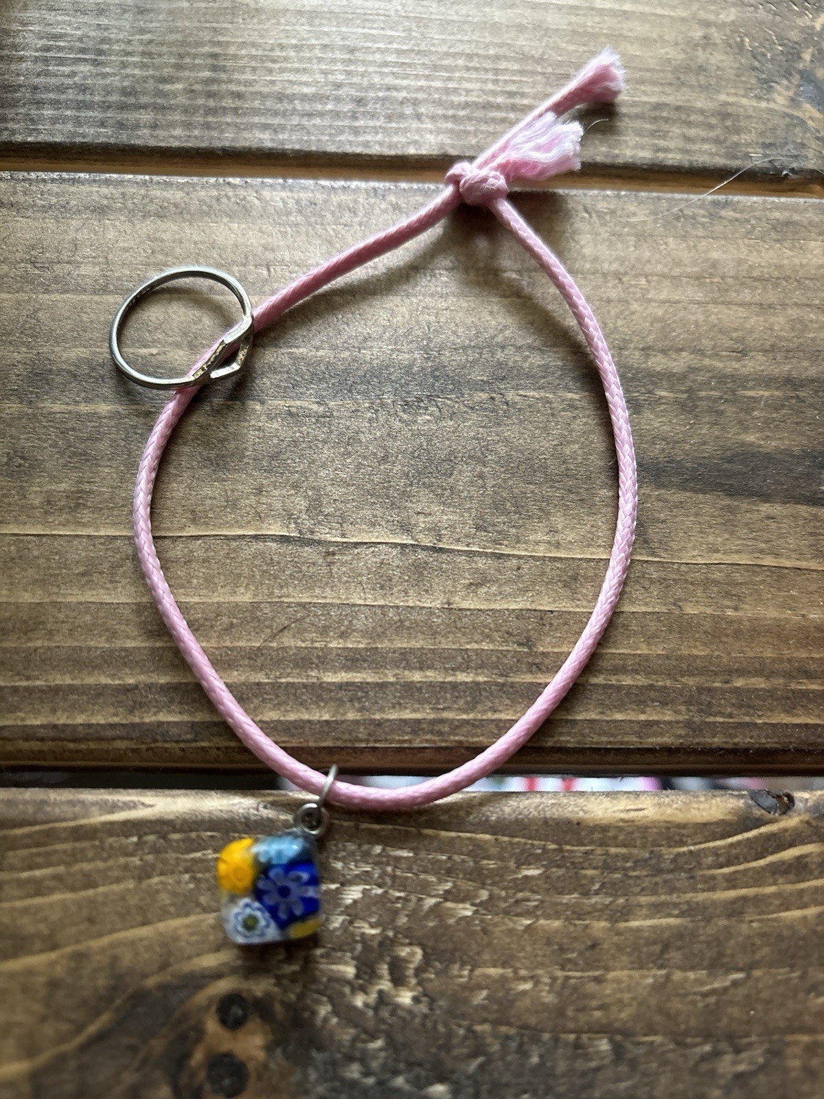 Pink Adjustable Cord Charm Bracelet w/ Slide Closure, Glass Bead Dangle