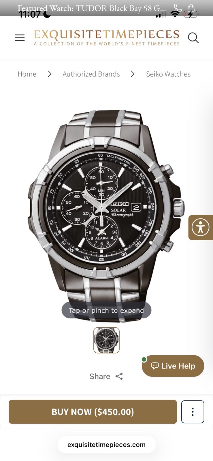Seiko Solar Chronograph Watch Black Dial Date Alarm SSC143 New In Box