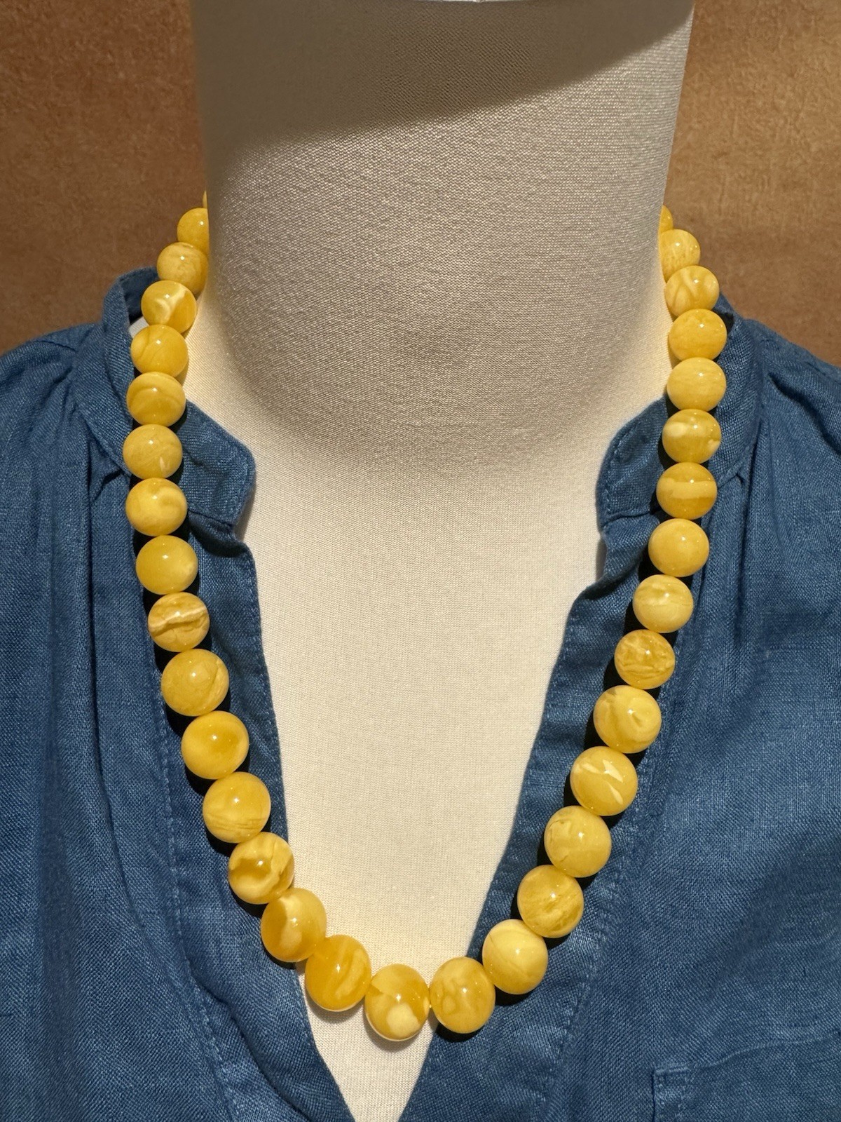 Natural Baltic Amber Butterscotch Necklace Round Beads Creamy61g59cm 14.9-13.2mm