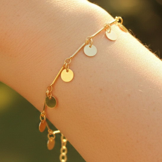 Minimalist Gold Plated Bracelet | Delicate Disc Charm Brass Chain Design Jewelry