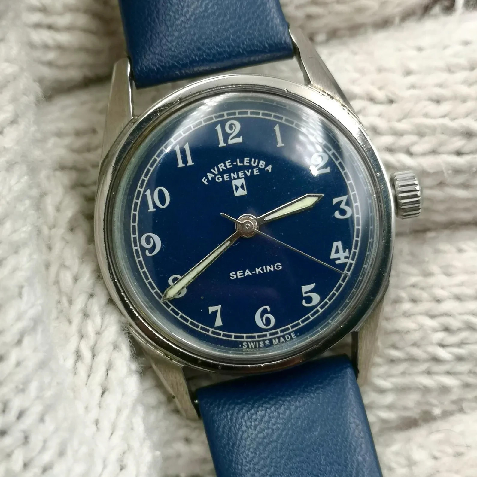 Vintage Favre-Leuba Sea-King Swiss Manual Wind Watch – Blue Dial – Stainless