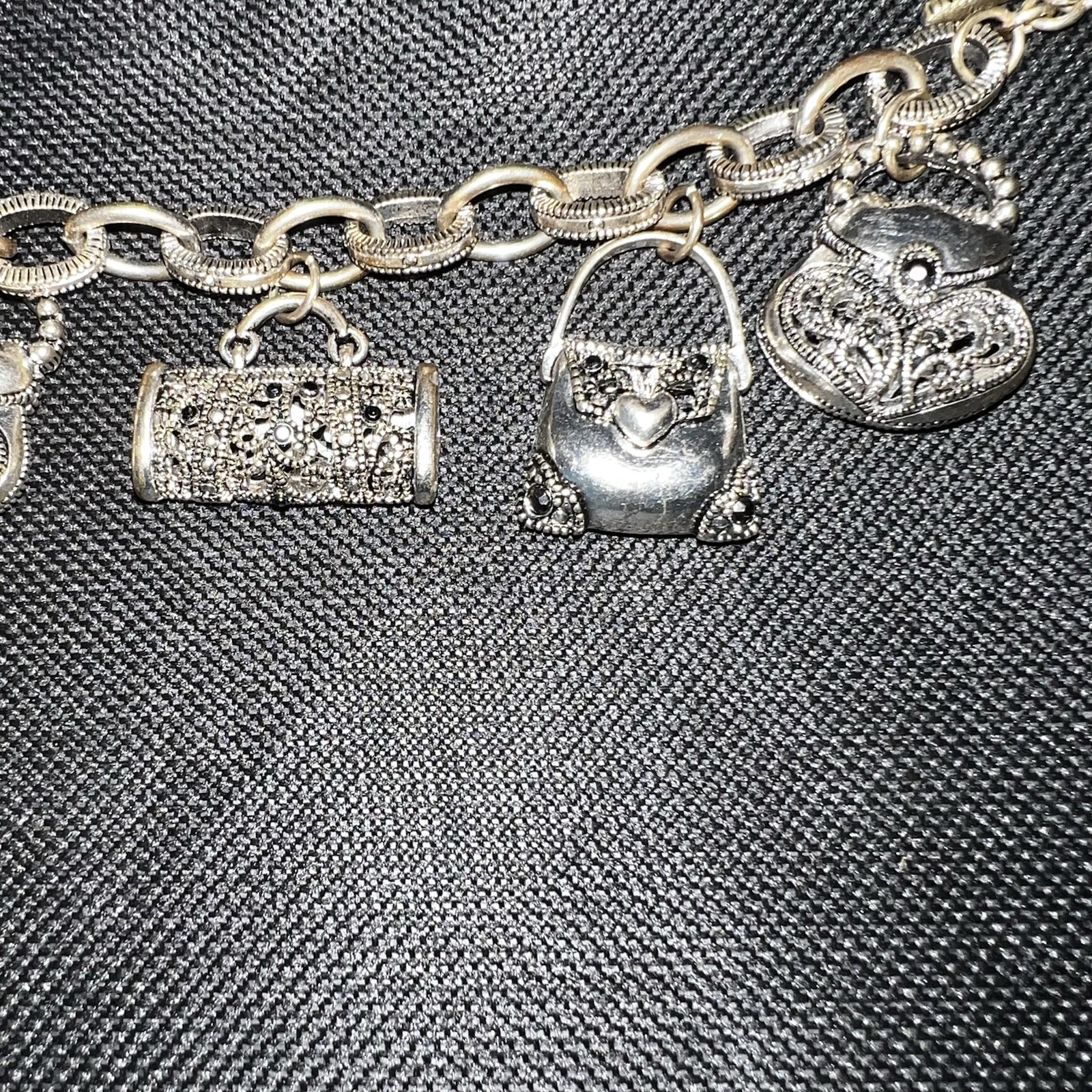 Silver-Tone Metal Puffy Openwork Purse Rhinestone Accent Charm Bracelet toggle