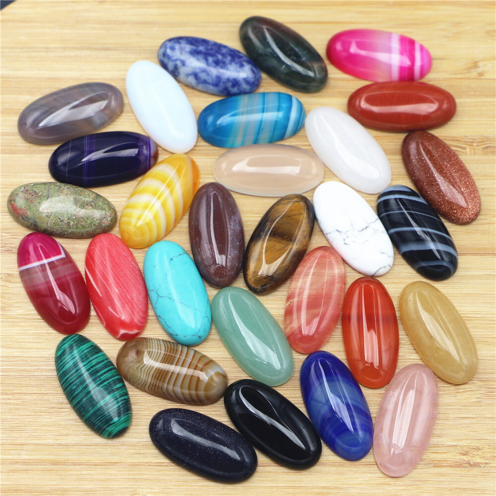 15x30mm 20pcs Mixed Natural Stone Oval Shape Cab Cabochons Beads No Holes