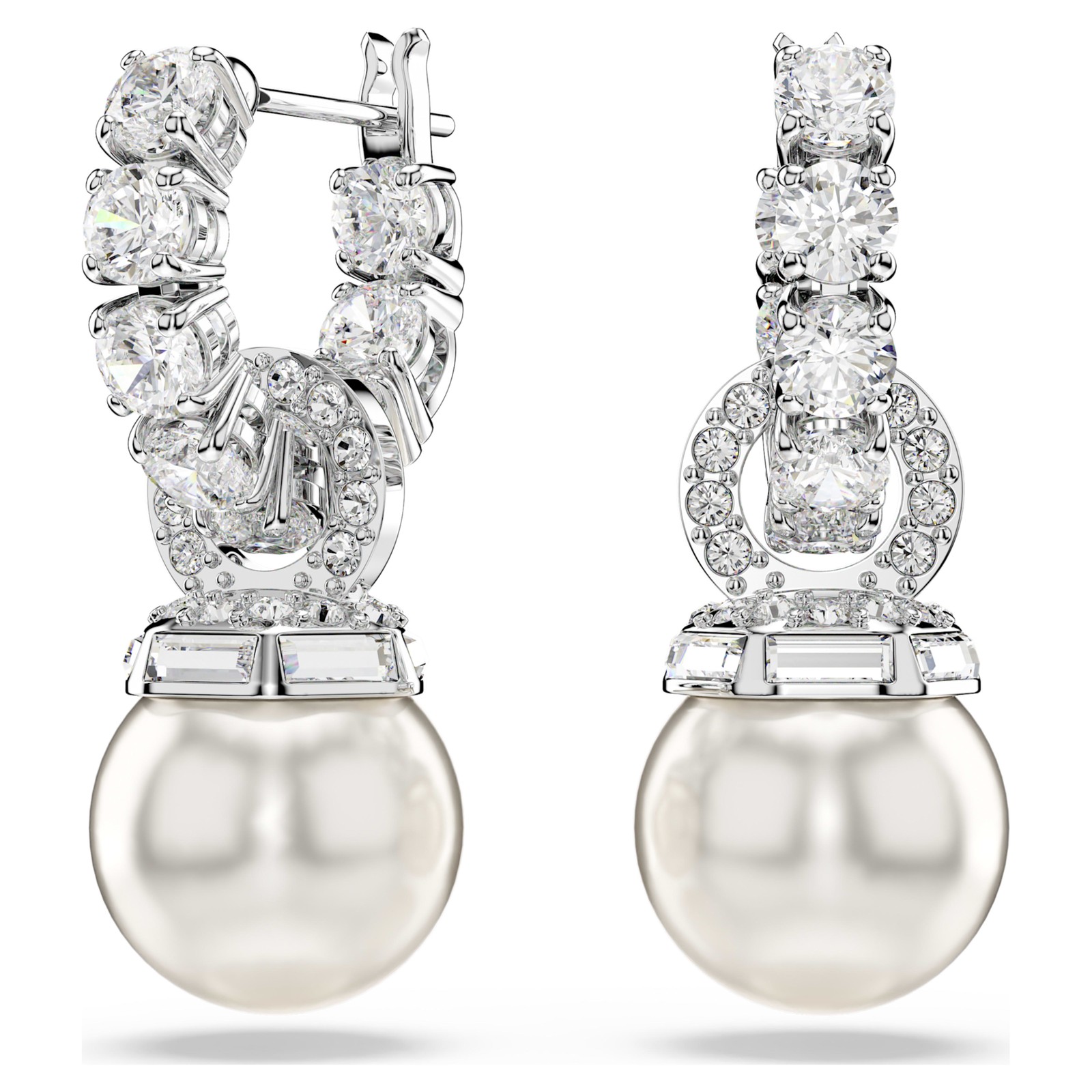 Swarovski Matrix Drop Earrings, Crystal pearl, Round Cut, White, Rhodium Plated