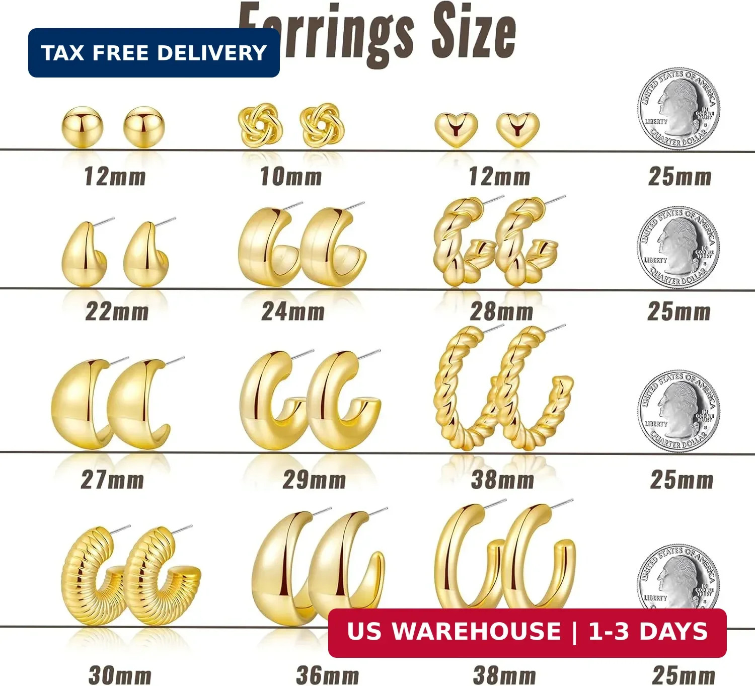 12 Pairs Chunky Gold Hoop Earrings for Women Trendy, Gold Plated Lightweight Hyp
