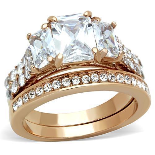 4.50 CT RADIANT CUT CZ PINK ROSE GOLD PLATE WEDDING STAINLESS RING SET