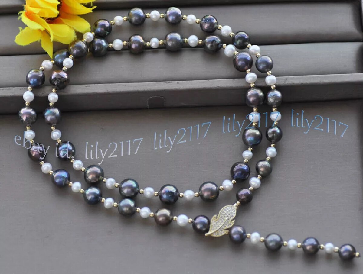 6-7mm White 11-12mm Black Natural Freshwater Pearl Beads Necklace Leaves Clasp