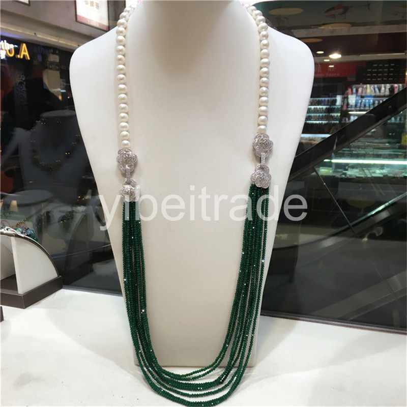 hot sell double use 9 -10 mm white freshwater pearl green jade beads necklace