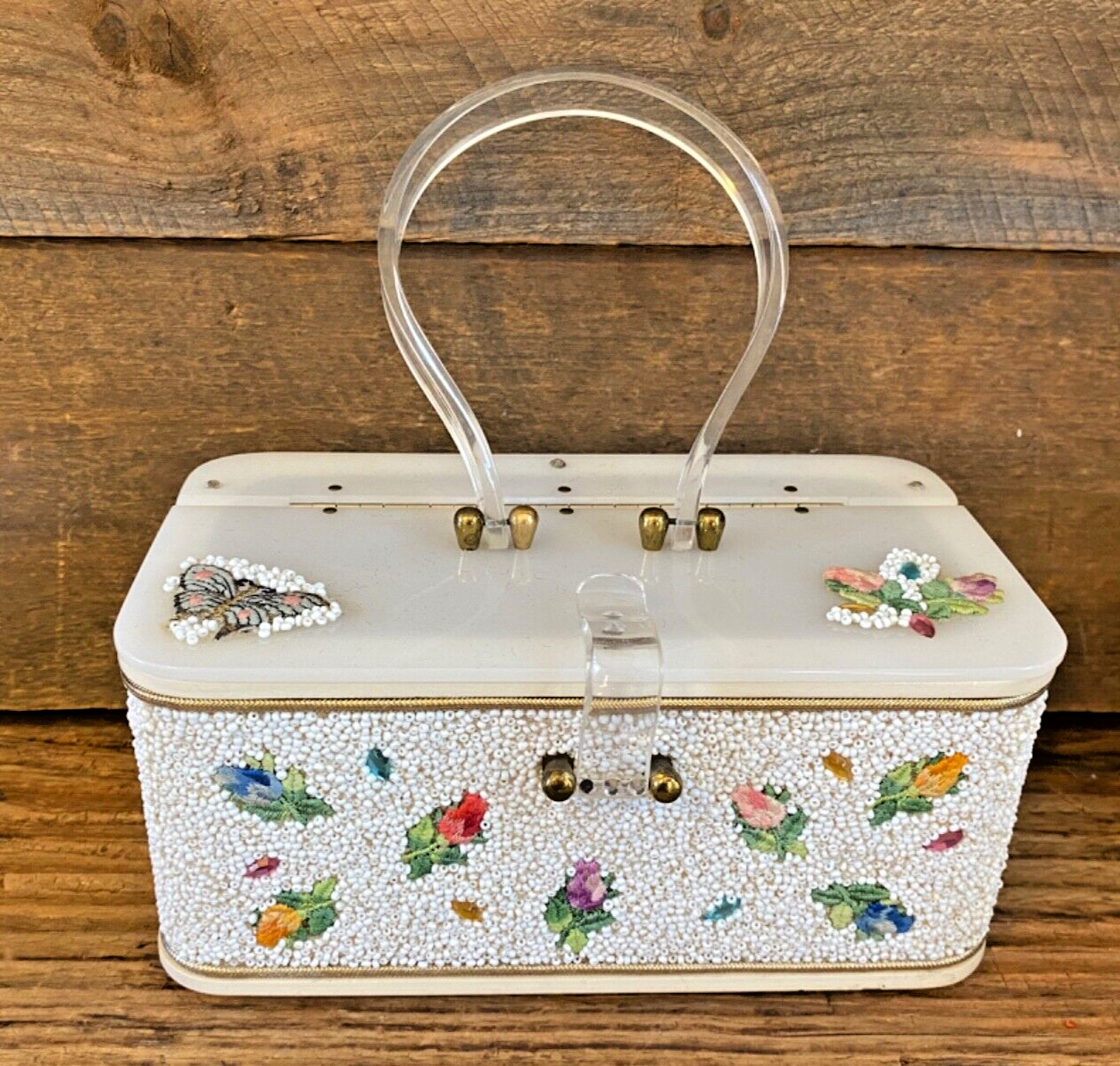 Vintage 50’s Midas of Miami Beaded Acrylic Lucite Purse Handbag Box