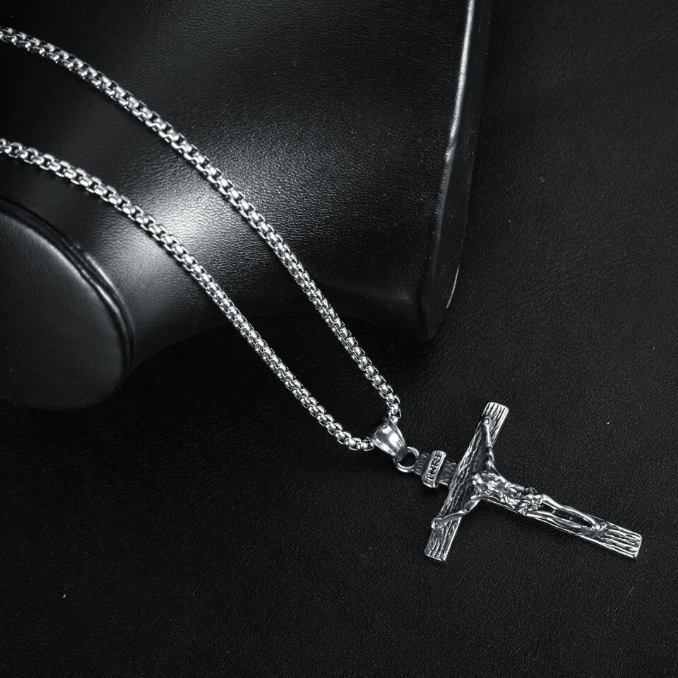 Mens Silver Stainless Steel Jesus Christ Crucifix Cross, Necklace Chain 24″