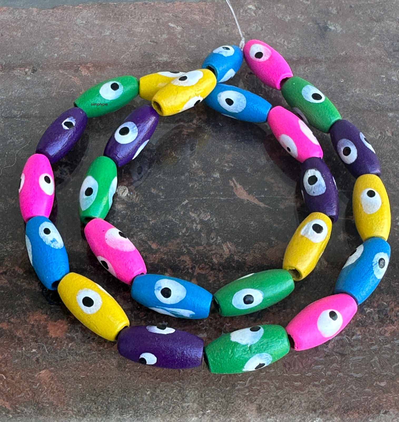 Evil Eye Colorful Oval Wood Beads Strand 25 Large Hole Korean Boxwood