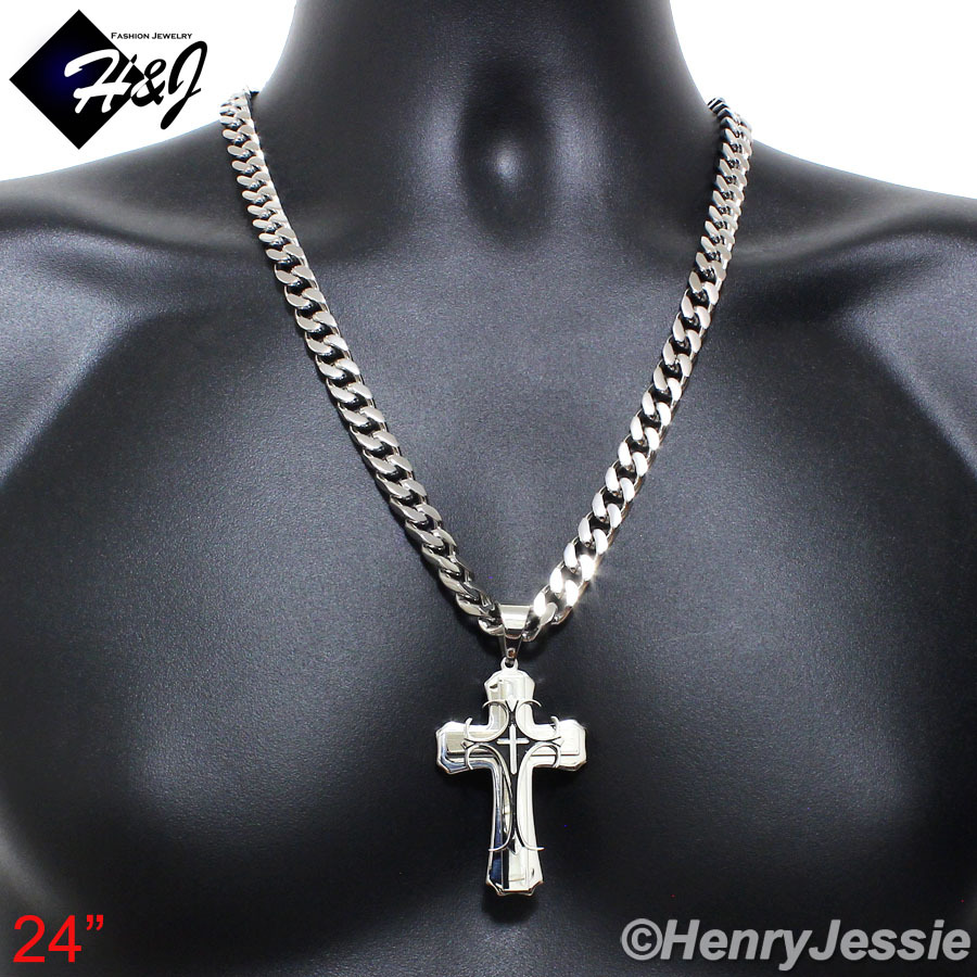 18-40″MEN Stainless Steel 9mm Silver Chain Bracelet Black Plated Cross Pendant*H