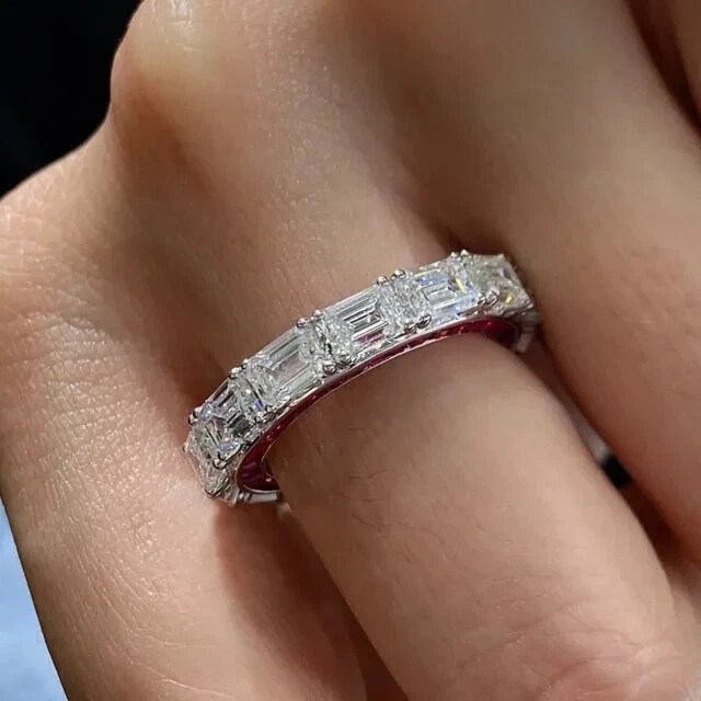 3Ct Emerald Cut Moissanite Full Eternity Engagement Ring 14K White Gold Plated