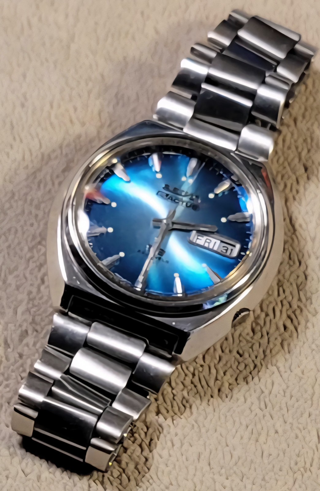 Vtg 70s Seiko 5 Actus 38mm Automatic Men’s Watch Blue Dial SS Daydate 6106-7700