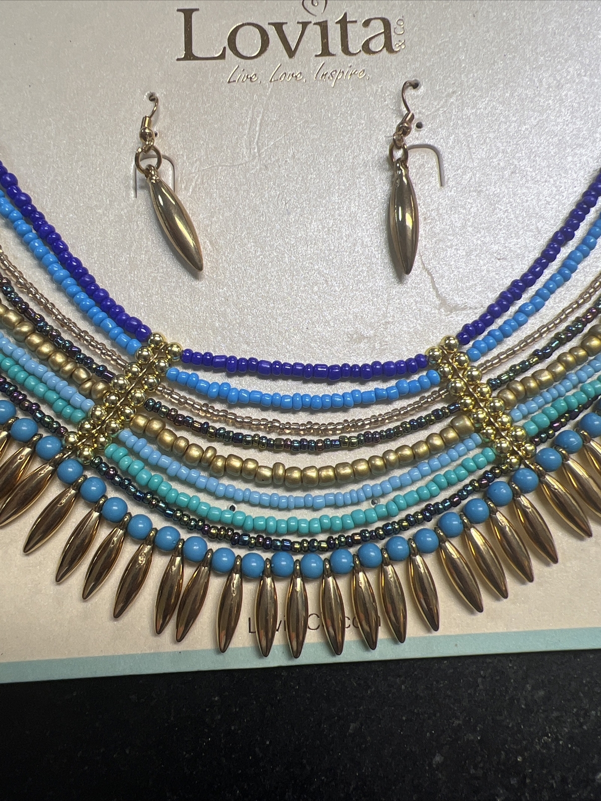 New With Tags Lovita & Co Harbor Mist Beaded Necklace & Golden Earring Set