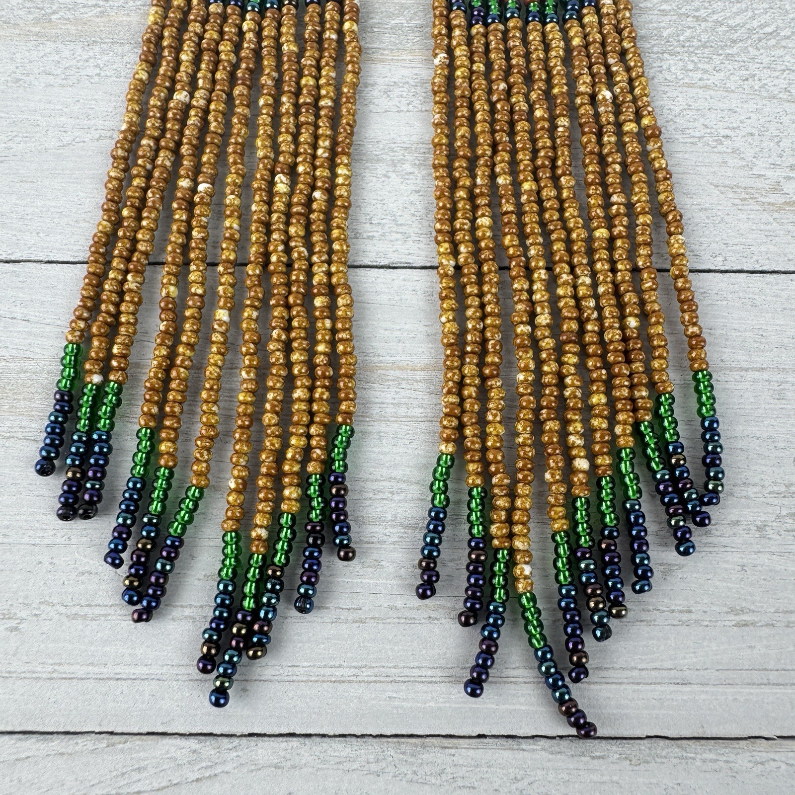 Handmade Beaded Long Dangle Earrings Black Brown Green & Blue Geo Design Peacock