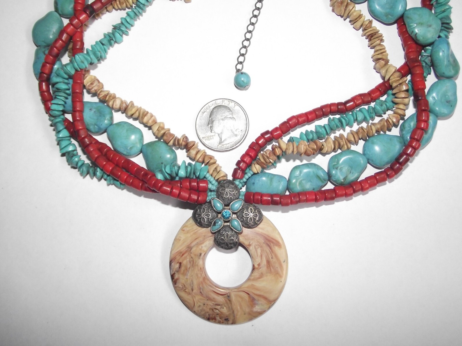 Faux blue turquoise tan orange shell silver tone bead round pendant necklace