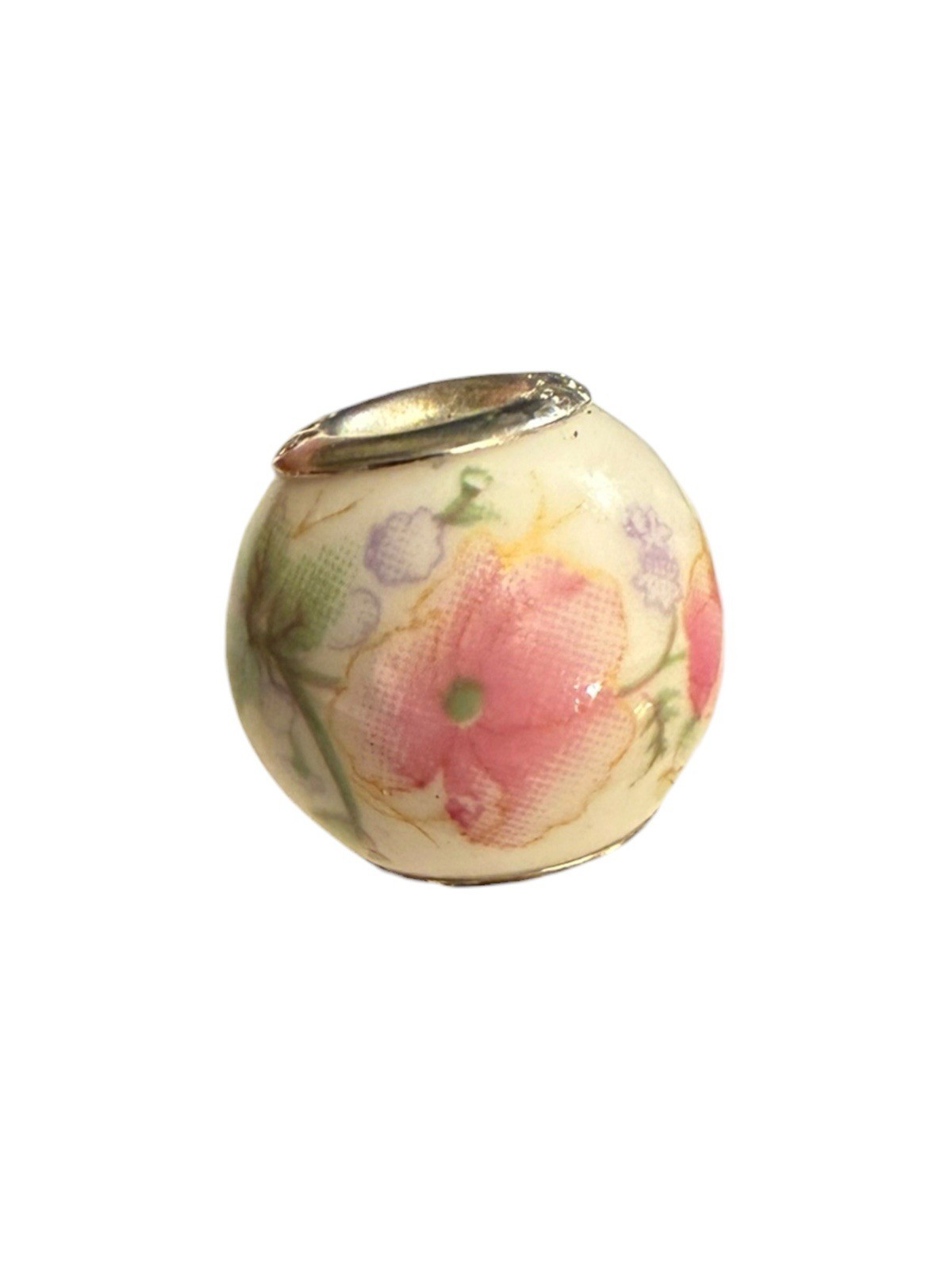 Vintage 925 Sterling Silver Floral Porcelain European Style Large Hole Bead