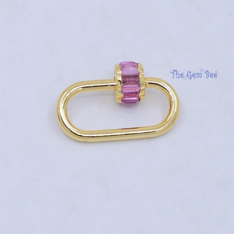 12.5×19.2mm 14K Solid Yellow Gold Pink Sapphire Charm Carabiner Enhancer Charm