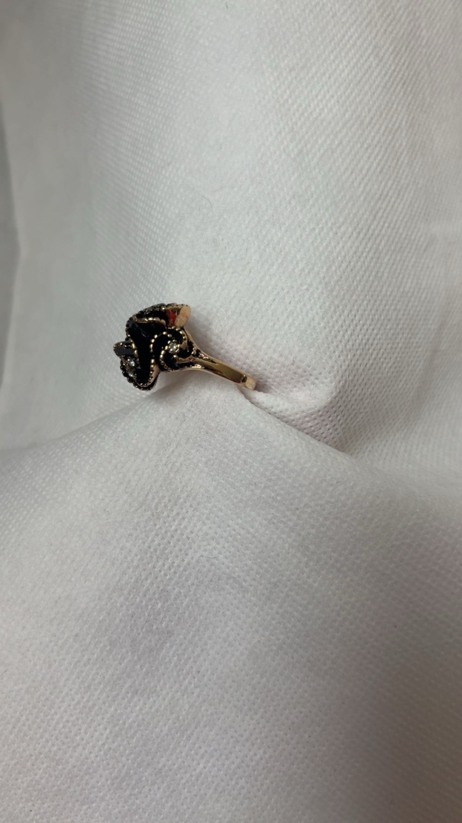Vintage Gold-Tone Swirling Ring with Black Enamel and Clear Rhinestones, Gift-Ed