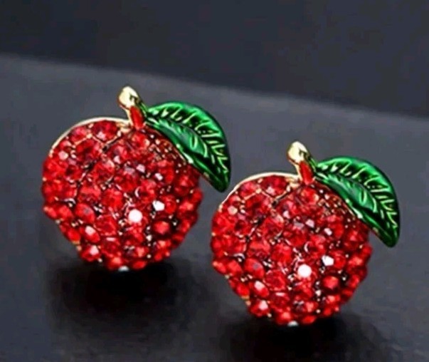 Set Of 5 Micro Mini Stud Earrings, Fruits Embellished With Rinestones. Goldtone