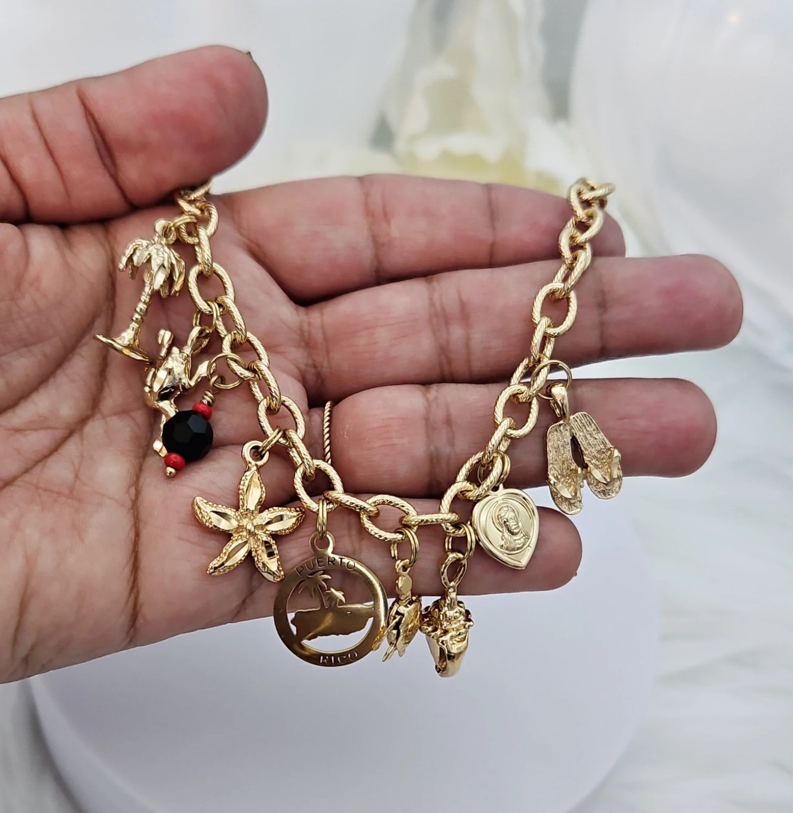 Gold Puerto Rico Charm Bracelet For Women, 14k Heavy Plated Gold