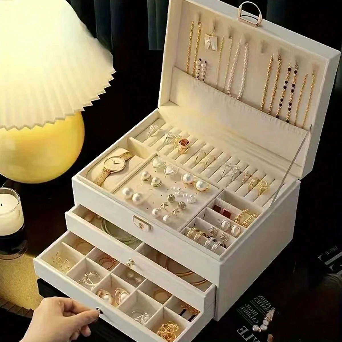 3-Layer PU Leather Jewelry Box with Lock for Rings Watches Necklaces