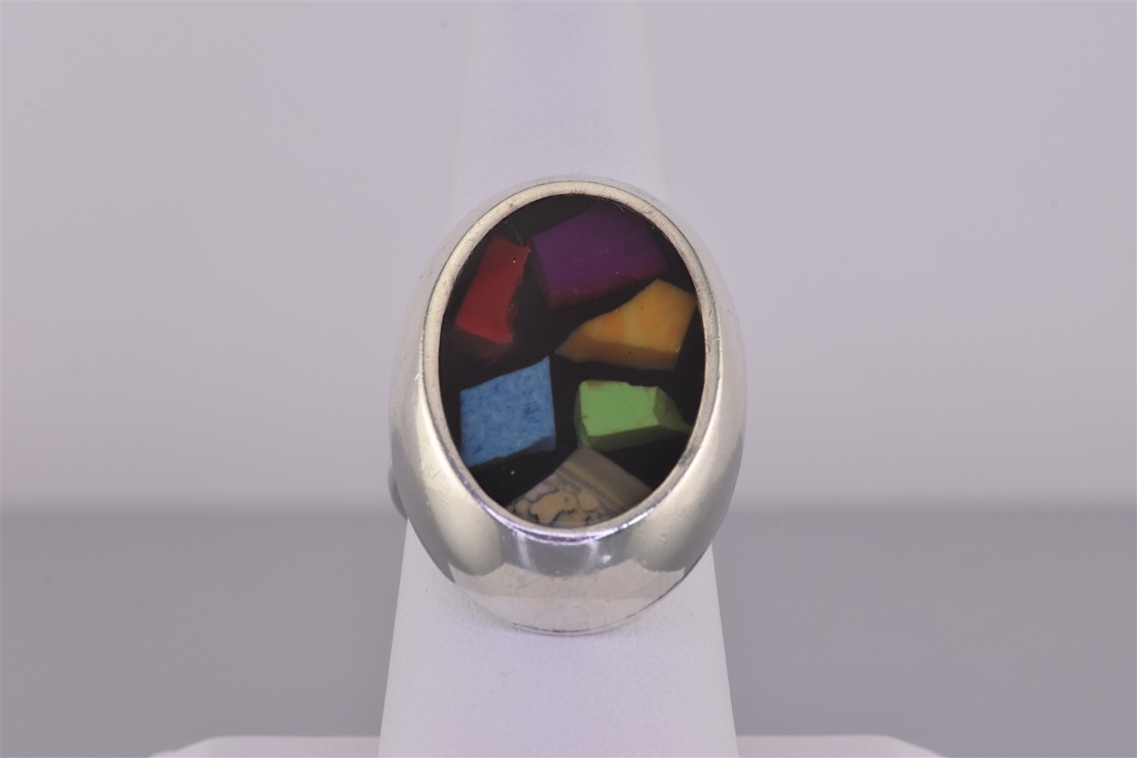ATI Sterling Silver 30mm Oval Imbedded Mix Gemstone Band Ring 15g Mex 925 Sz: 8