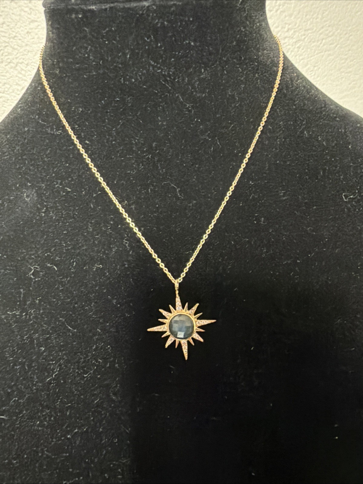 Atelier Mon Goldtone Sunburst Necklace With Blue Stone 17.5” Adjustable