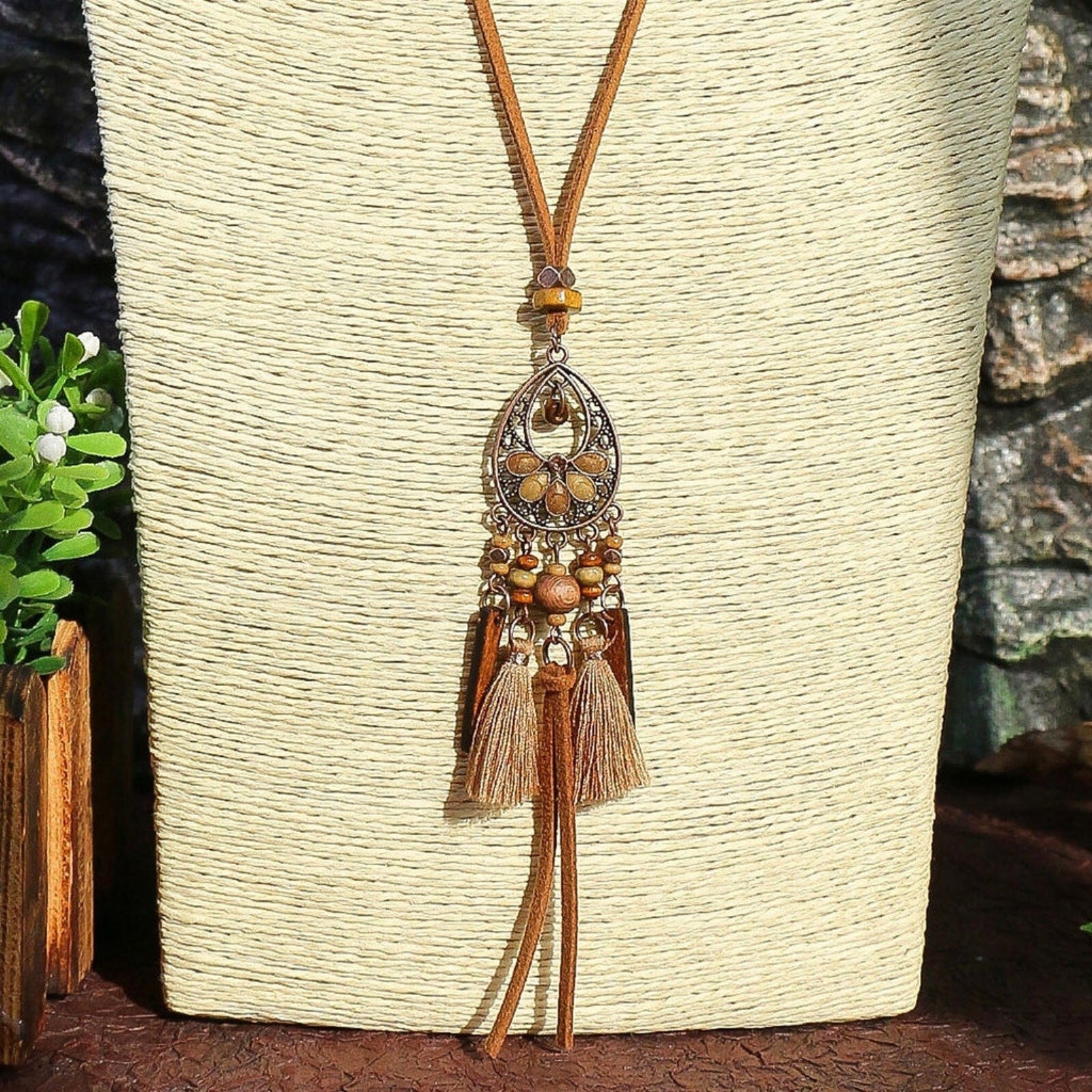 Rustic Antique Copper Enamel Tassel Pendant Vegan Suede Long Boho Necklace