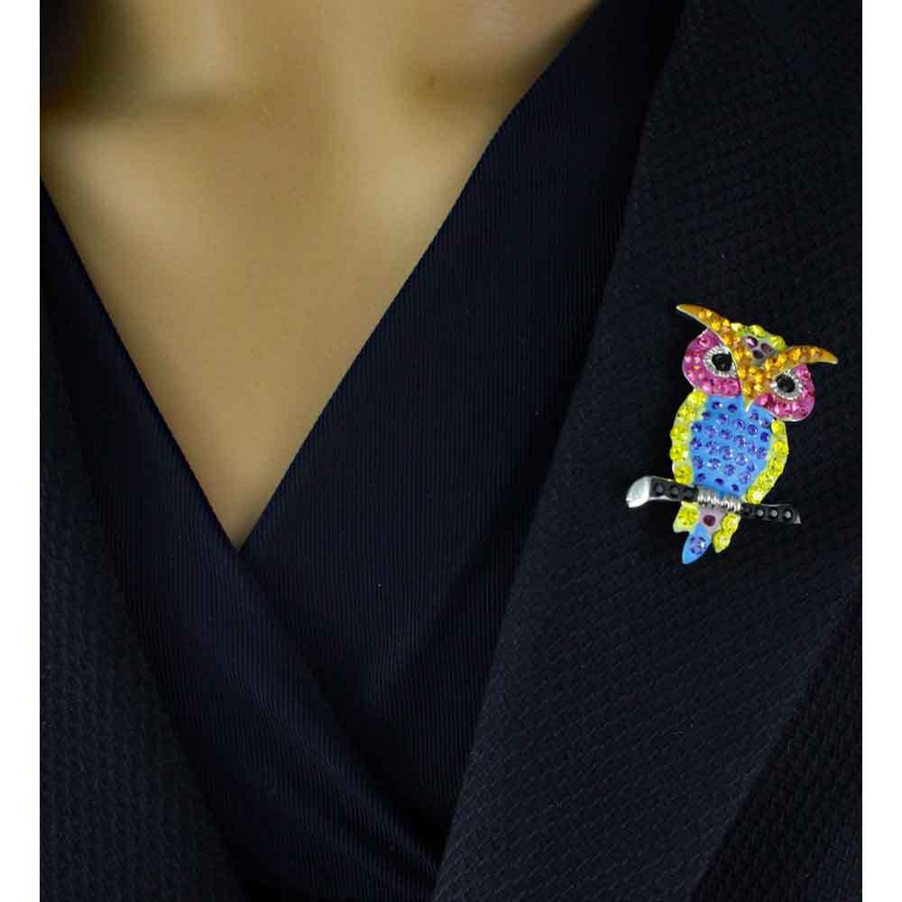 Yellow Pink and Blue Colorful Crystal Owl Pin – PRB510
