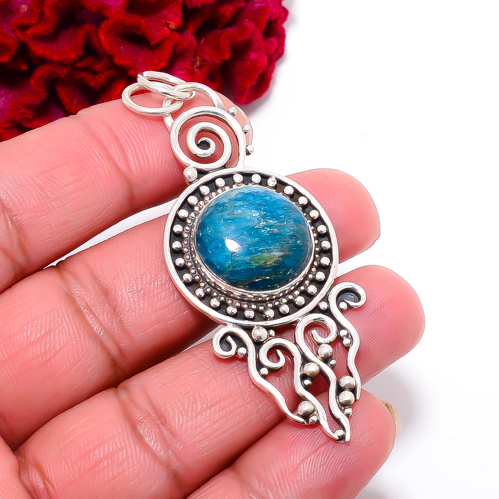 Neon Blue Apatite – Bahia Mines Handmade 925 Sterling Silver Pendant 2.38″ P6713