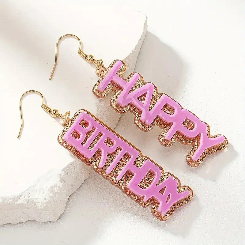 KLASS Lightweight Pink Gold Happy Birthday Glitter Sparkle Earrings Drop Dangle