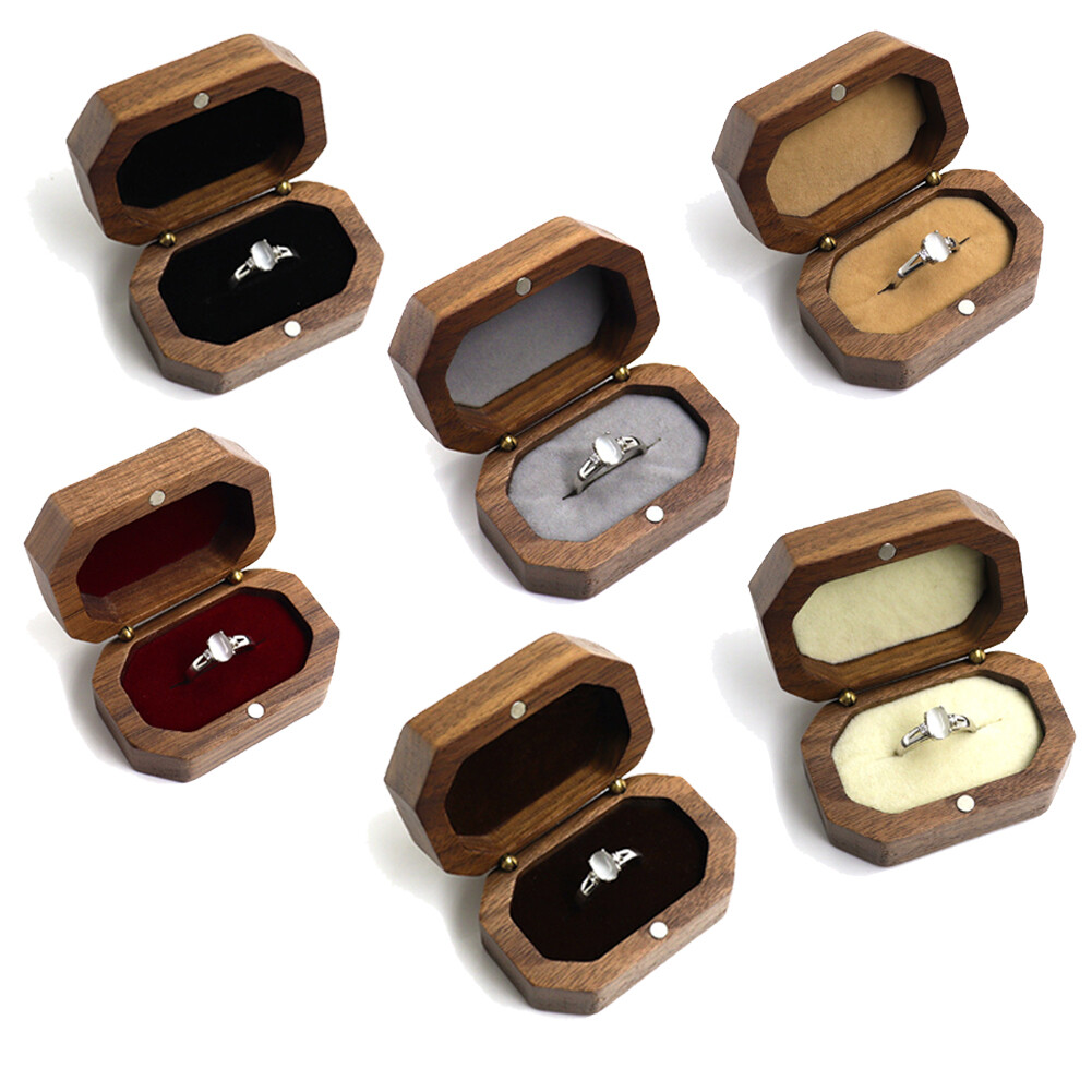 Vintage Walnut Wood Ring Box Jewelry Display Storage Holder Engagement Wedding#