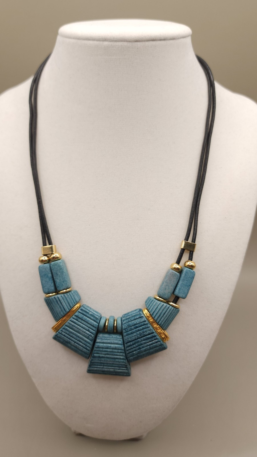 Vintage Modernist Teal Blue Bib Necklace 1980s Geometric Resin Brass Hook Clasp