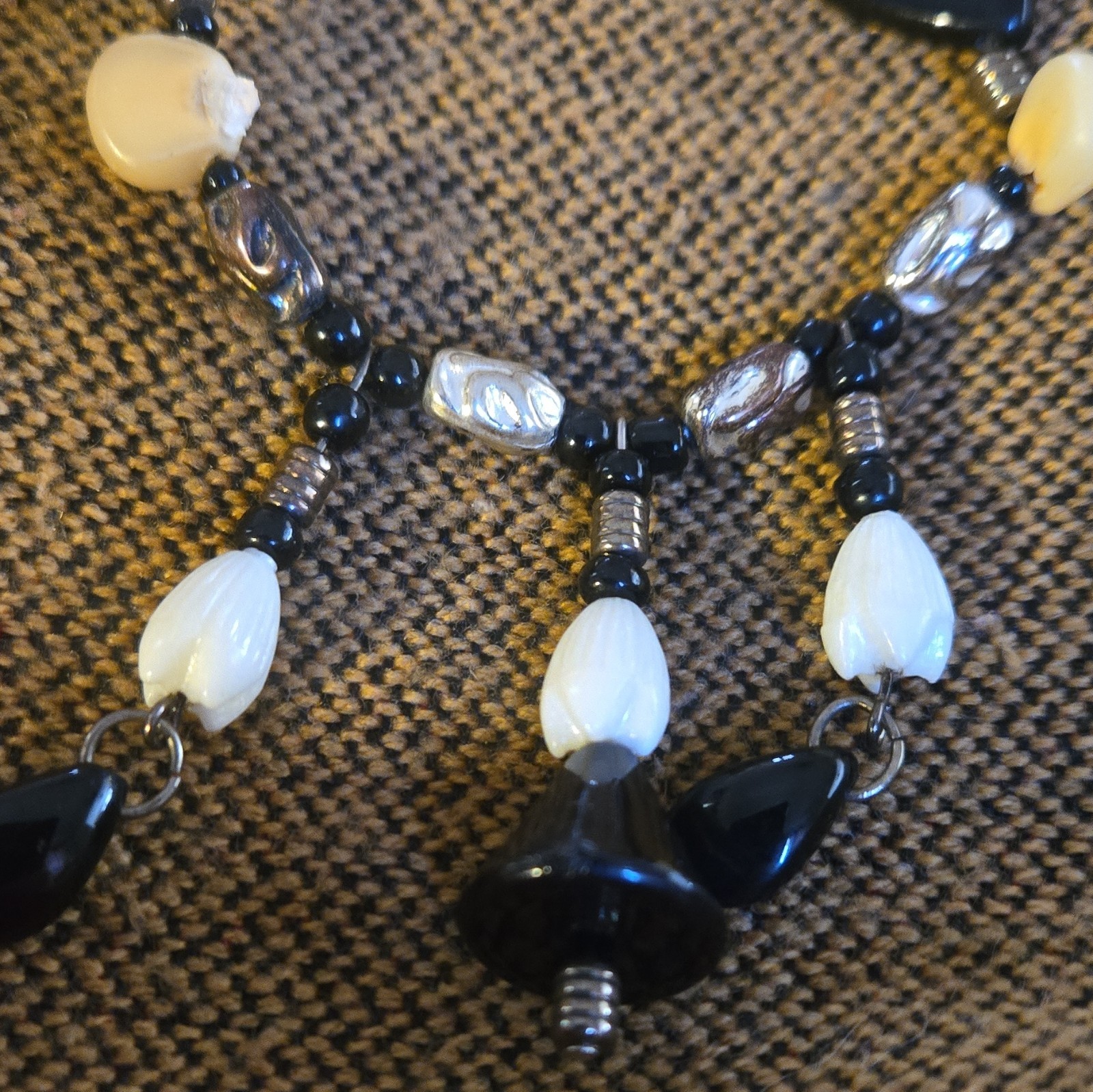 Silver Tone Black White Beaded Statement Necklace Cable Chain Adjustable Lobster