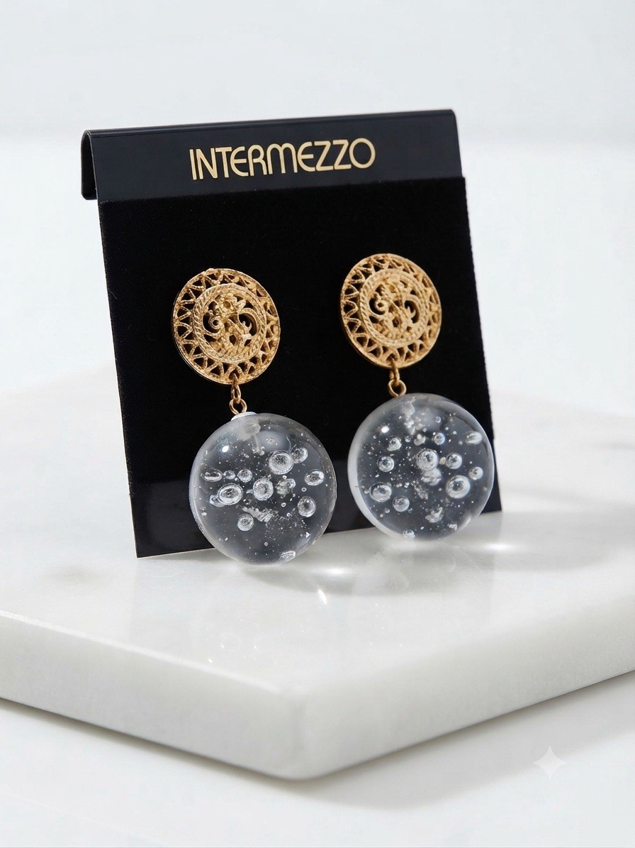Intermezzo Gold Tone Filigree Round Disc Clear Bubble Dangle Earrings vintage
