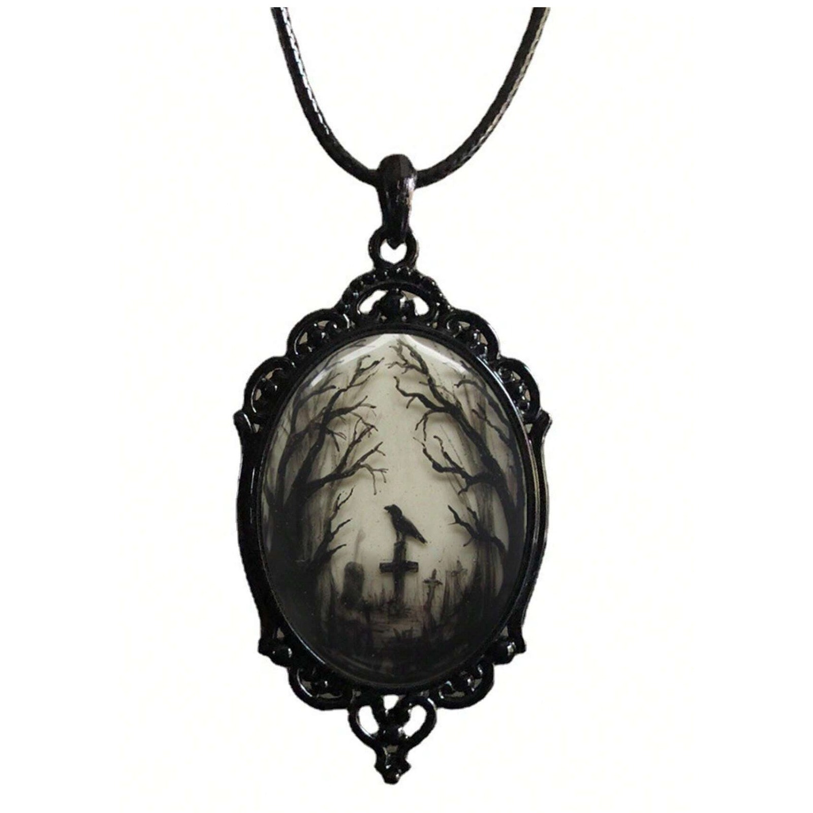 Gothic Raven Graveyard Cameo Pendant Necklace Black Filigree Victorian Jewelry