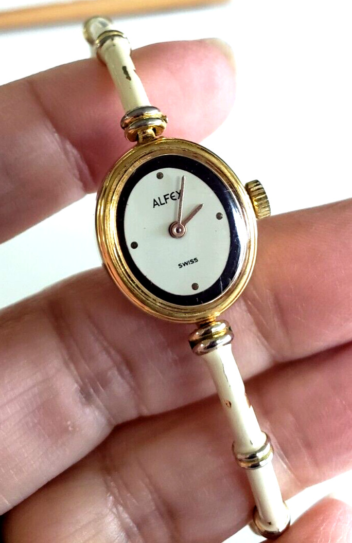 Vintage Alfex Swiss Ladies Windup Watch Beige Enamel for Parts or Repair