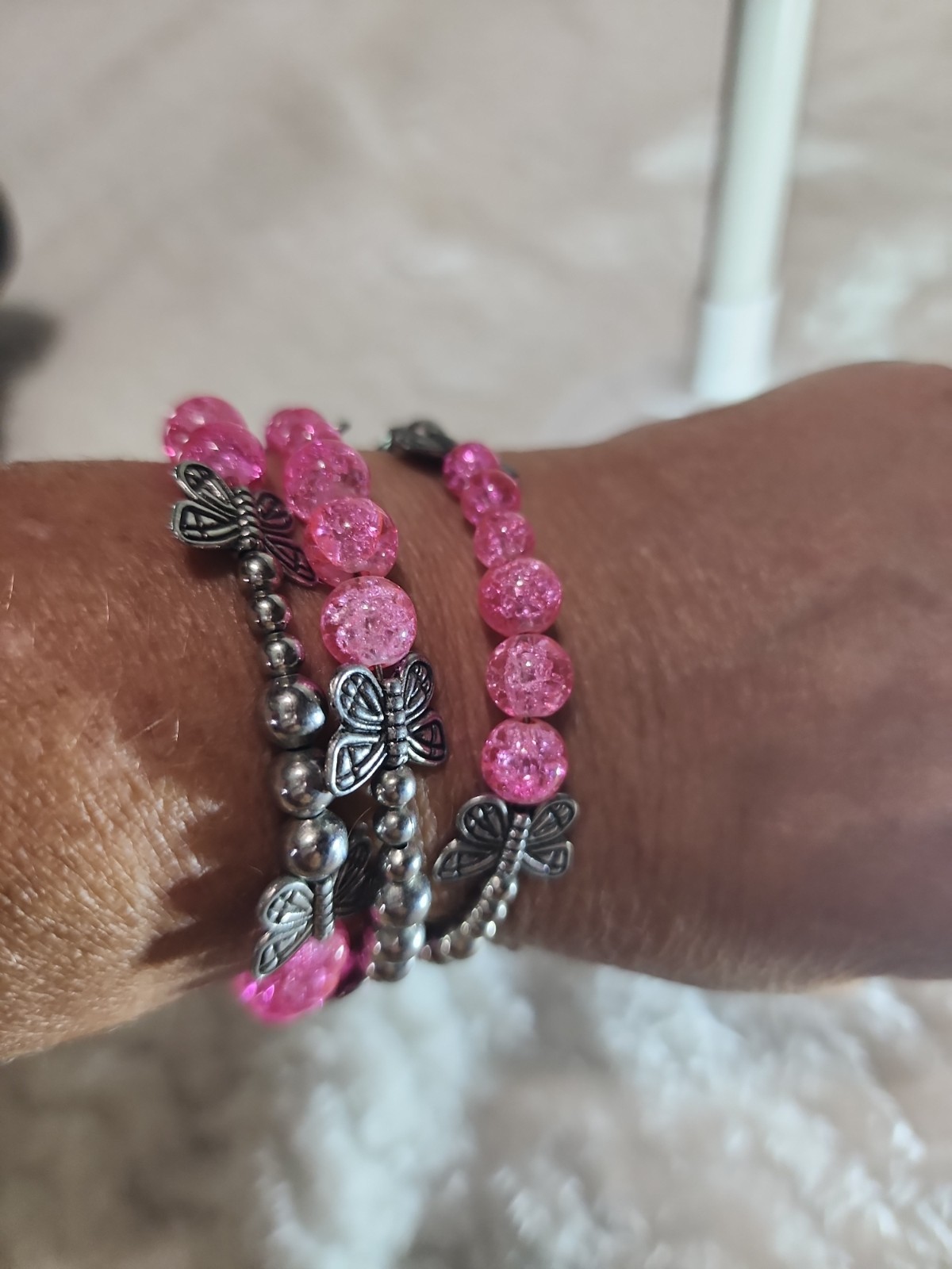 Hot Pink Crackle Glass Memory Wire Bracelet – Multi-Row Butterfly Stack