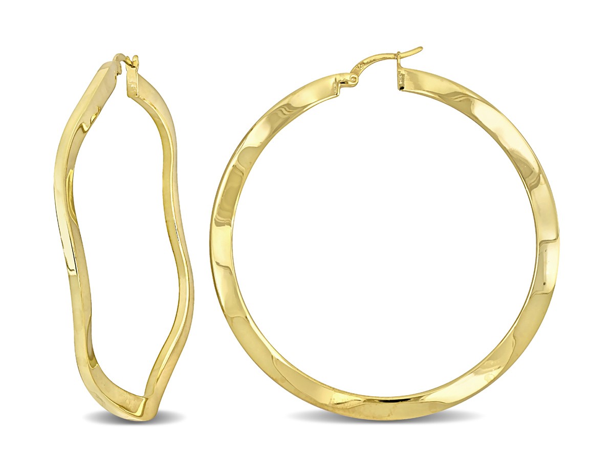 Yellow Plated Sterling Silver Wave Hoop Earrings (2 1/2 Inches)